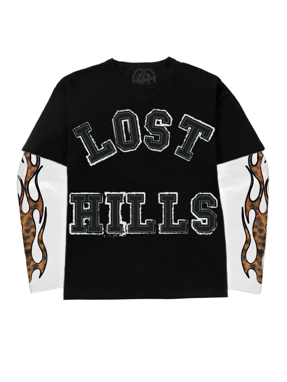 Lost Hills Black Graphic Long Sleeve Tee with Flame Sleeves NWOT